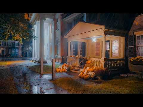 Rainy Autumn Night Walk in Woodstock, Vermont ๐ง๏ธ ๐ - New England 4K | Binaural Audio (Umbrella Rain)