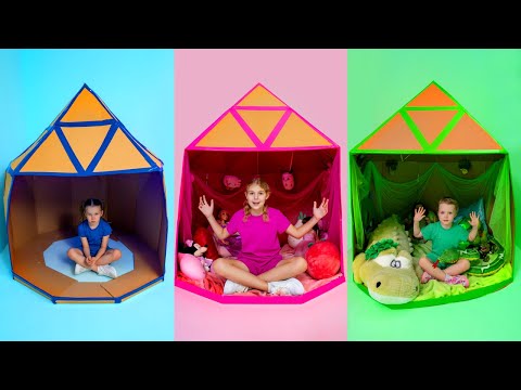 Colorful Cardboard House Game: Green, Pink and Blue Houses