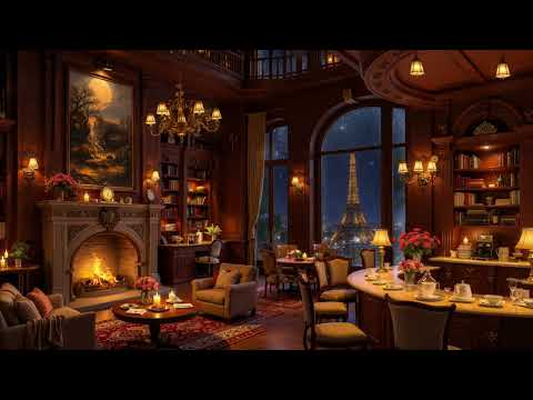 Paris Calm Winter Night Jazz ⛄ Cozy Coffee Shop Ambience & Warm Fireplace Sounds for Study & Work