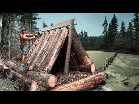 Survival Log Cabin by the Lake — Solo Build, Ice Fishing & Wild Cooking