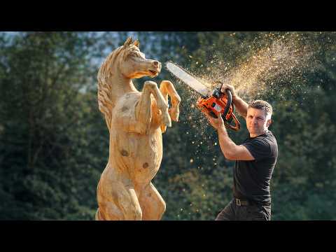 REAL SIZE WOODEN HORSE, amazing chainsaw wood carving | Giant Wood Sculpture | Vlad Carving