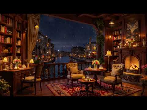 Venice Winter Coffee Shop Ambience ☕ Jazz Relaxing Music with Fireplace, Snowfall Sounds for Study