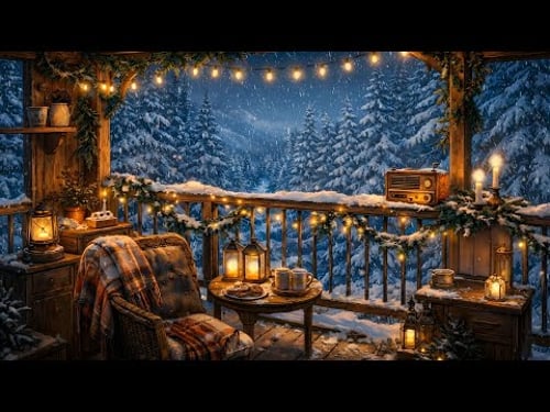 1950's cozy winter balcony retreat with classic oldies playing in another room for unwind, sleep