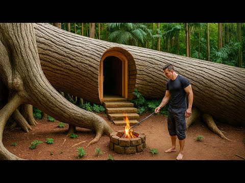 Build a Shelter to Avoid Wild Boars. Shelter Under a Giant Fallen Oak Tree| Primitive Villa