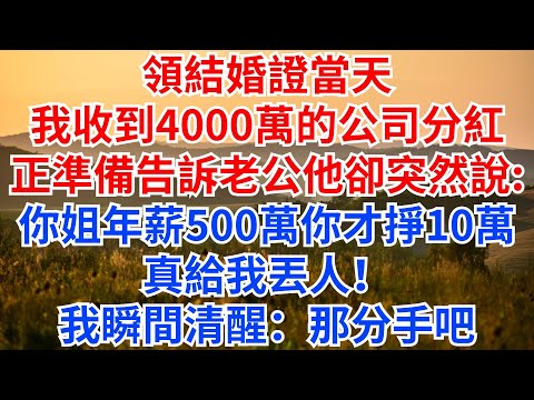 領結婚證當天,我收到4000萬的公司分紅,正準備告訴老公,他卻突然說:你姐年薪500萬,你才掙10萬,真給我丟人!我瞬間清醒:那分手吧!#情感故事 #故事分享 #家庭倫理#結婚
