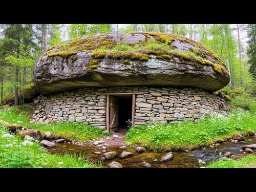No Tools, Just Skill - Stone Shelter With Wood Roof in the Mountains #diy #viral #survival