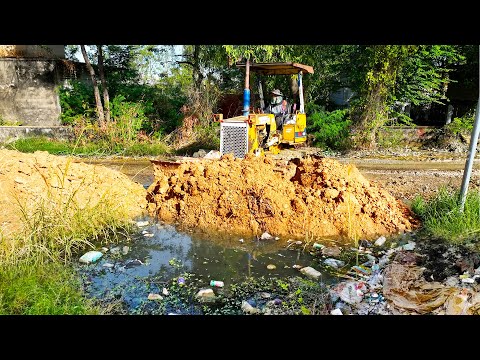 First Start New Project! Landfill on Flooded Area Using Dozer D20P Pushing RockSoil with 5Ton Trucks