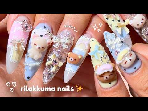 sleeping rilakkuma nails πβοΈ handmade charms, gel extensions, polka dot nails