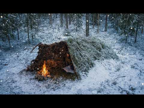 Solo Winter Camping in the Cold - Building a Warm Shelter Under Tree Roots