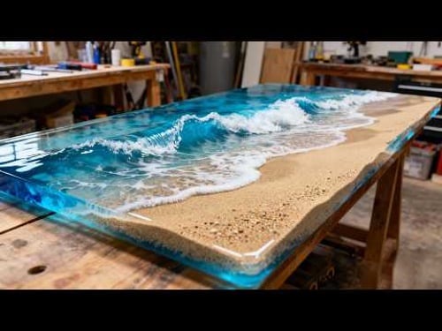 Um homem constrói uma mesa de resina epóxi com um padrão de ondas do oceano | por @EpoxyCraftsman