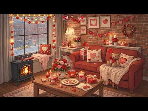 Valentine's Day Cozy Living room in Snowy 1940s New York City with Oldies Playing in Another Room