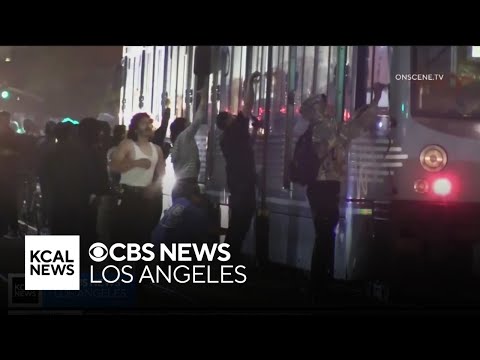 Chaos erupts overnight in downtown LA as mob vandalizes businesses, trains and a police car