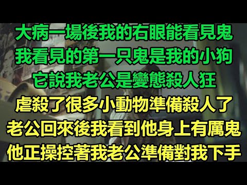 大病一場後我的右眼能看見鬼,我看見的第一只鬼是我的小狗,它說我老公是變態殺人狂,虐殺了很多小動物準備殺人了,老公回來後我看到他身上有厲鬼,他正操控著我老公準備對我下手#故事 #靈異故事 #情感故事