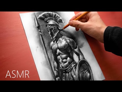 ASMR Greek Warrior Drawing - Charcoal Pencils - No Talking