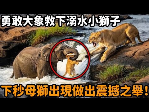 一隻勇敢的大象發現溺水小獅子,不顧危險衝上前救下,下秒母獅突然出現做出震撼之舉!#小獅子 #大象 #母獅 #救助 #跨物種 #動物情感 #溺水 #動物故事 #真實故事 #心靈飼養員