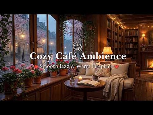 Cozy Bookstore Café Ambience ☕ Rainy Spring Day & Smooth Jazz & Warm Fireplace for Reading, Calm