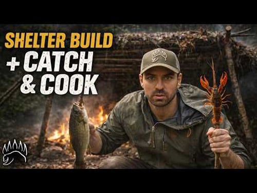 Solo Survival in Heavy Rain: Build Shelter + Catch & Cook