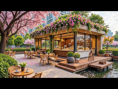 Calming Morning Jazz Music at Cozy Spring Coffee Shop Corner with Forest Sounds for Positive Mood