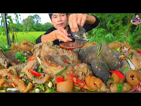 ต้มเอ็นแก้วก้อยหนังวัวแจ่วดีสดแกล้มผักสดแซ่บคักอีหลีครับพี่น้องMUKBANG EATING SHOW#โก้อีสานพาแดก