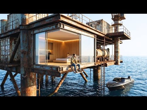 This man Built a SECRET HOUSE inside an ABANDONED RIG — Building a house in the open sea (ASMR)