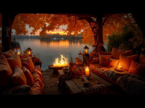 Calm Autumn Lakeside Night 🍂|Smooth Piano & Crackling Fireplace for Relax, Work