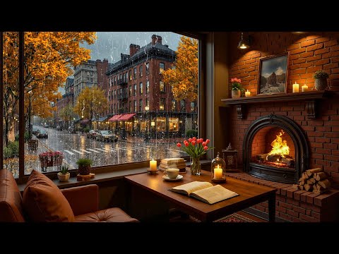 Autumn Jazz Music 🍂 Cozy Coffee Shop with Rain & Fireplace Sounds for Relax & Study