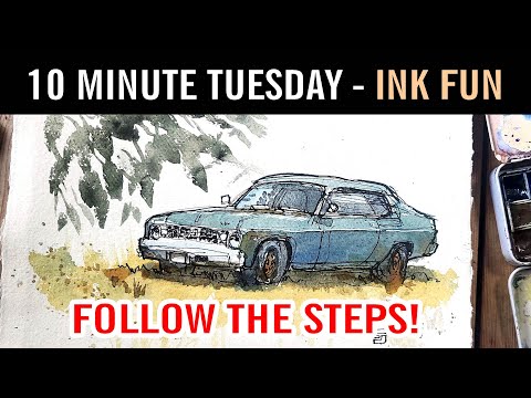 Fountain Pen Drawing | 10 Minute Tuesday – Sketching a Classic Car with Watercolor and Ink