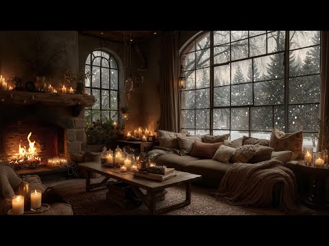 Calm December Winter Night ❄️Soft Piano, Falling Snow & Crackling Fireplace for Relaxing , Sleep