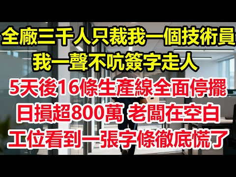 全廠三千人只裁我一個技術員!我一聲不吭簽字走人。5天後16條生產線全面停擺,日損超800萬!老闆在空白工位看到一張字條徹底慌了#情感 #爽文 #職場 #生活 #總裁