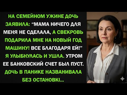 На новогоднем ужине дочь заявила: — Мама ничего для меня не сделала, а свекровь подарила мне машину!