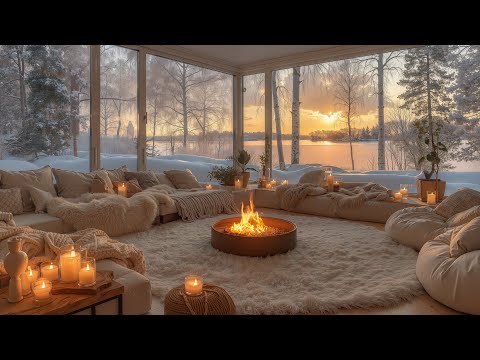 Warm Winter Cabin at Sunset ❄️ Soft Piano & Fireplace Sounds for Work, Study