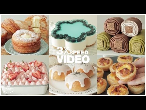 #129 3x Speed 케이크 디저트 베이킹 영상 : Cake Dessert Baking Video | 수건케이크,딸기 티라미수,크로넛,밀크티 크림빵 | Cooking tree