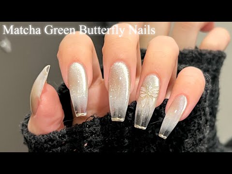 SUB)【gel nails】Elegant Matcha Green 🍵 Soft & Dreamy Butterfly Nails 🦋✨/BORN PRETTY/ASMR/