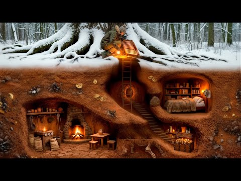 Building a Secret dugout under the trunk of a Giant Oak. Bushcraft, Survival.