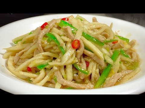 Should we stir-fry the shredded wild rice noodles first or stir-fry the shredded pork? Many people