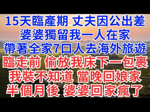 15天臨產期,丈夫因公出差,婆婆獨留我一人在家,帶著全家7口人去海外旅遊,臨走前偷放我床下一個包裹,我裝不知道,當晚回娘家,半個月後,回家的婆婆瘋了!#情感故事#故事#小說#戀愛#情感#婚姻