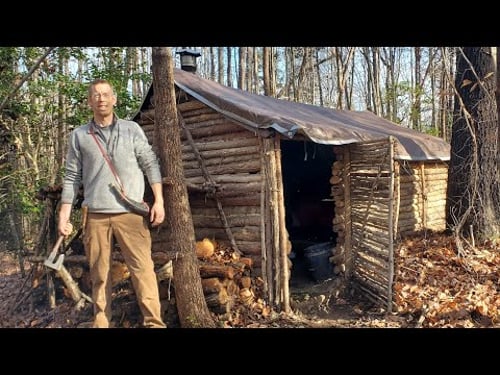 Camping in Log Cabin that I Built by Hand - Campfire Cooking & Bushcraft Projects