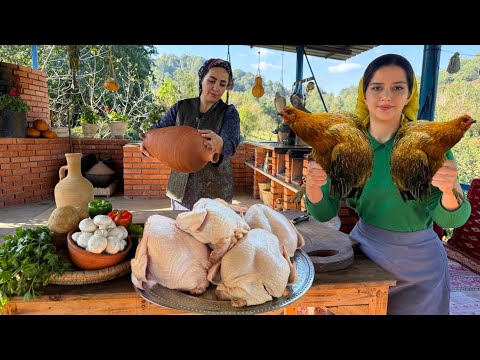 Fried chicken in a creamy garlic sauce and cooked vegetables