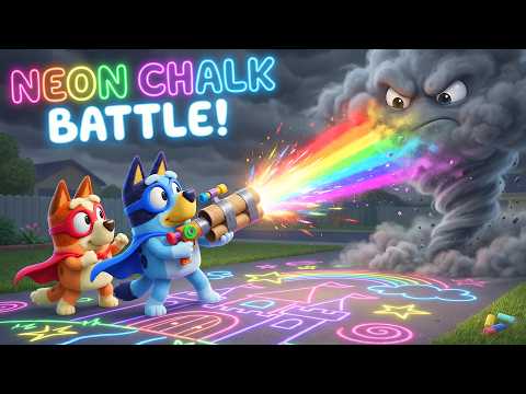 WOW! Magical NEON Chalk Kingdom! 🌈✨ Bluey & Bingo’s Color Cannon vs The Grey Cloud! ☁️💥