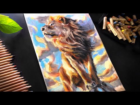 Relaxing ASMR Lion Drawing - Colored Pencils & Oil Pastels (No Talking)
