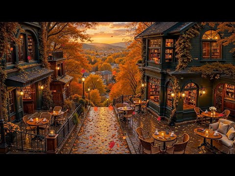 Outdoor Coffee Shop Ambience with Smooth Autumn Jazz Music 🍂 Gently Jazz Piano Tunes for Work, Study