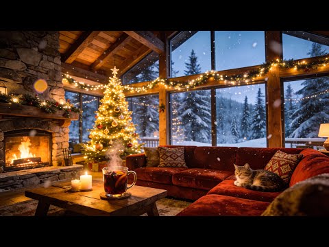 🎄 Relaxing Christmas Jazz 🎷Purring Cat by Fireplace 🔥 Snowy Chalet Ambience ❄️| Smooth Holiday 4K 🐱