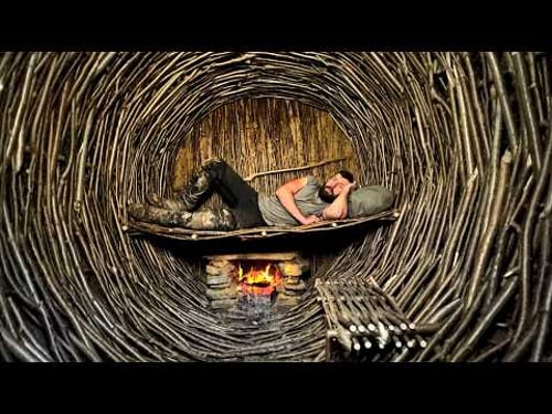 Building a hidden nest woven from hazel with a stove. Bushcraft