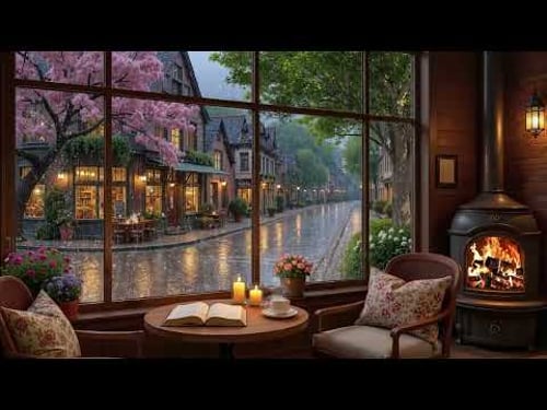 Cozy Spring Rain Coffee Shop ☕ Soft Jazz Piano & Fireplace Sounds for Work & Relax