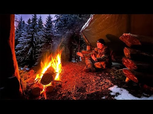 SOLO WINTER BUSHCRAFT CAMP | Building Shelter & Making a Bow Saw - Long Fire