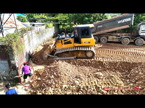 Best Complete Corner Land Overfilling Operation! Powerfully Dozer Pushing Stones with Dump Trucks