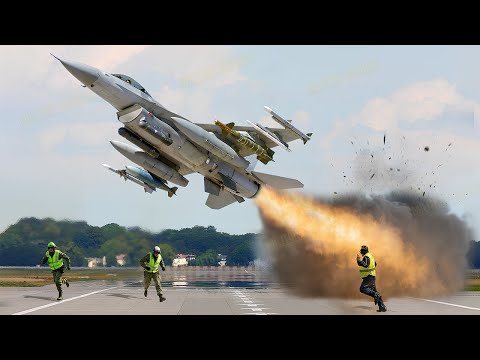 US Air Force F-16 Fighter Jet Pilots Take Off One by One at High Speed