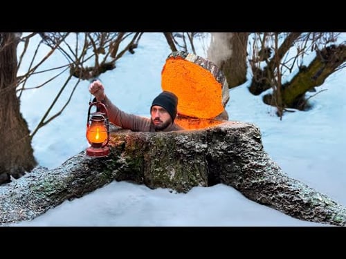 Building a Hidden Dugout Under a Stump.Warm secret shelter. Winter Bushcraft, Survival.
