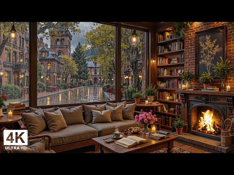 Beautiful February Café with Falling Rainy ☕ Gentle Jazz Piano, Fireplace Sounds For Relax, Work