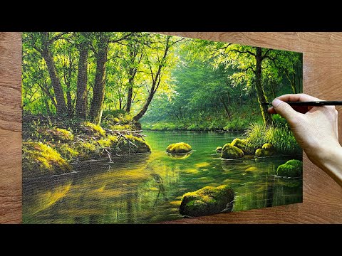 How to draw landscape painting #12 - Drawing a scene of clear water in the forest / Acrylic painting